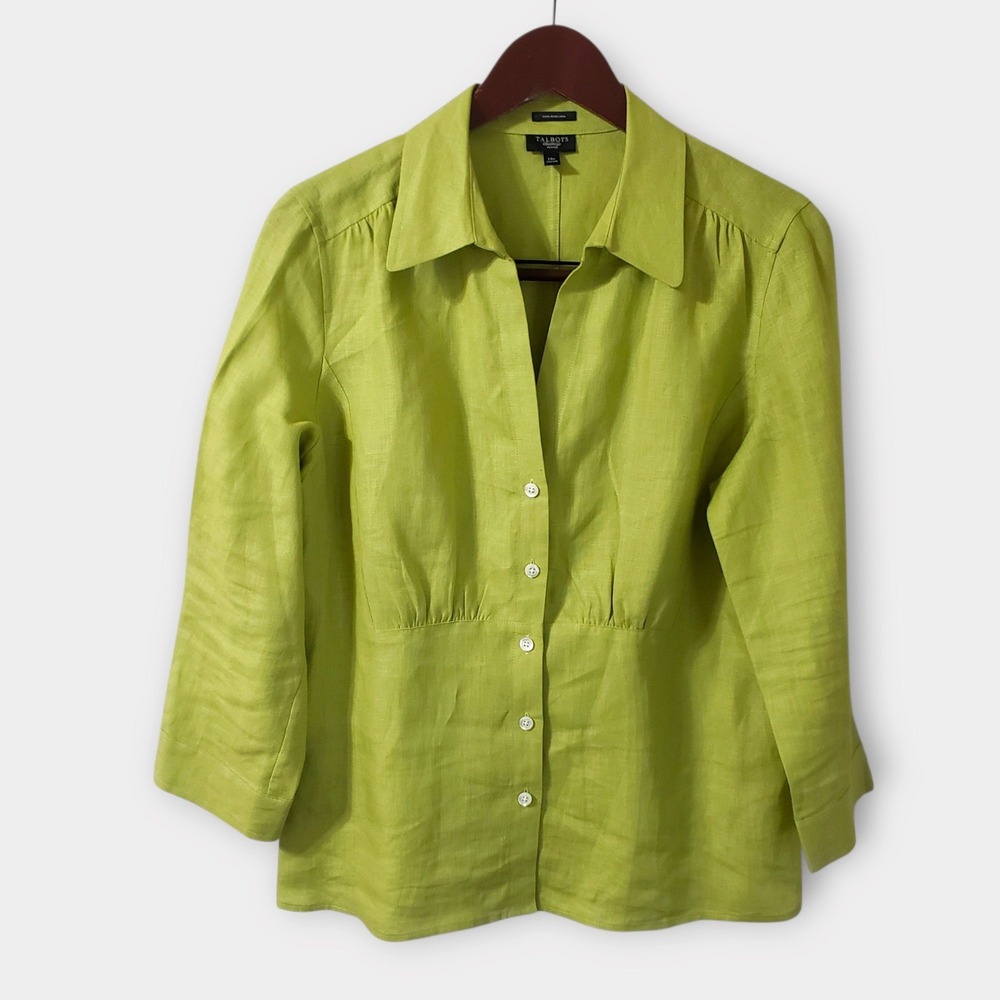 Talbots Petites Pure Irish Linen Button Down Shirt Blouse Lime Green Size 14P